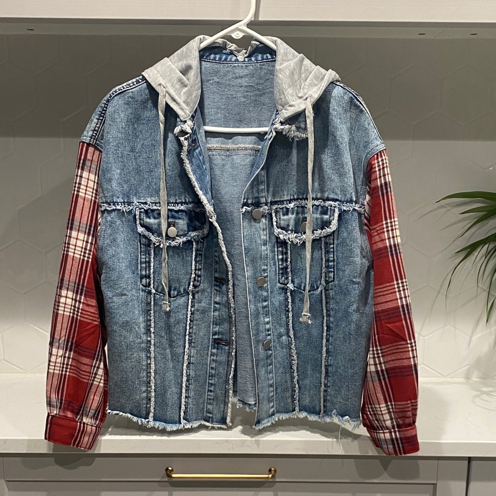 Denim Jacket with Red Plaid Sleeves & Gray Hood